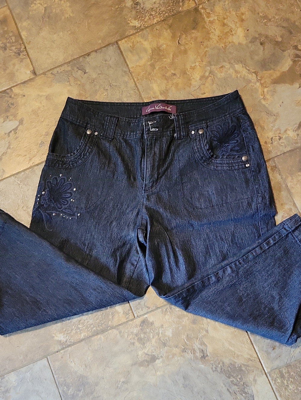 Gloria Vanderbilt Dark Black Straight Leg Capri Jeans with Floral Stud Accents